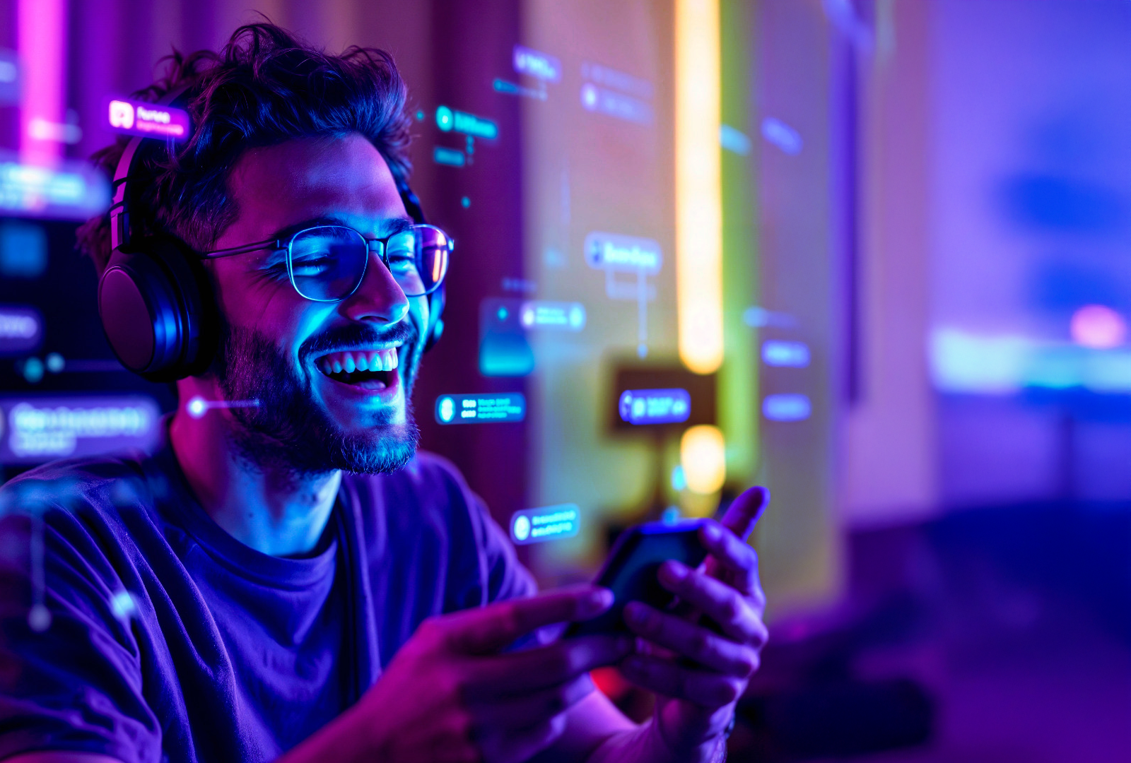 SoftSystem Telecom - Jogador feliz usando internet de alta velocidade