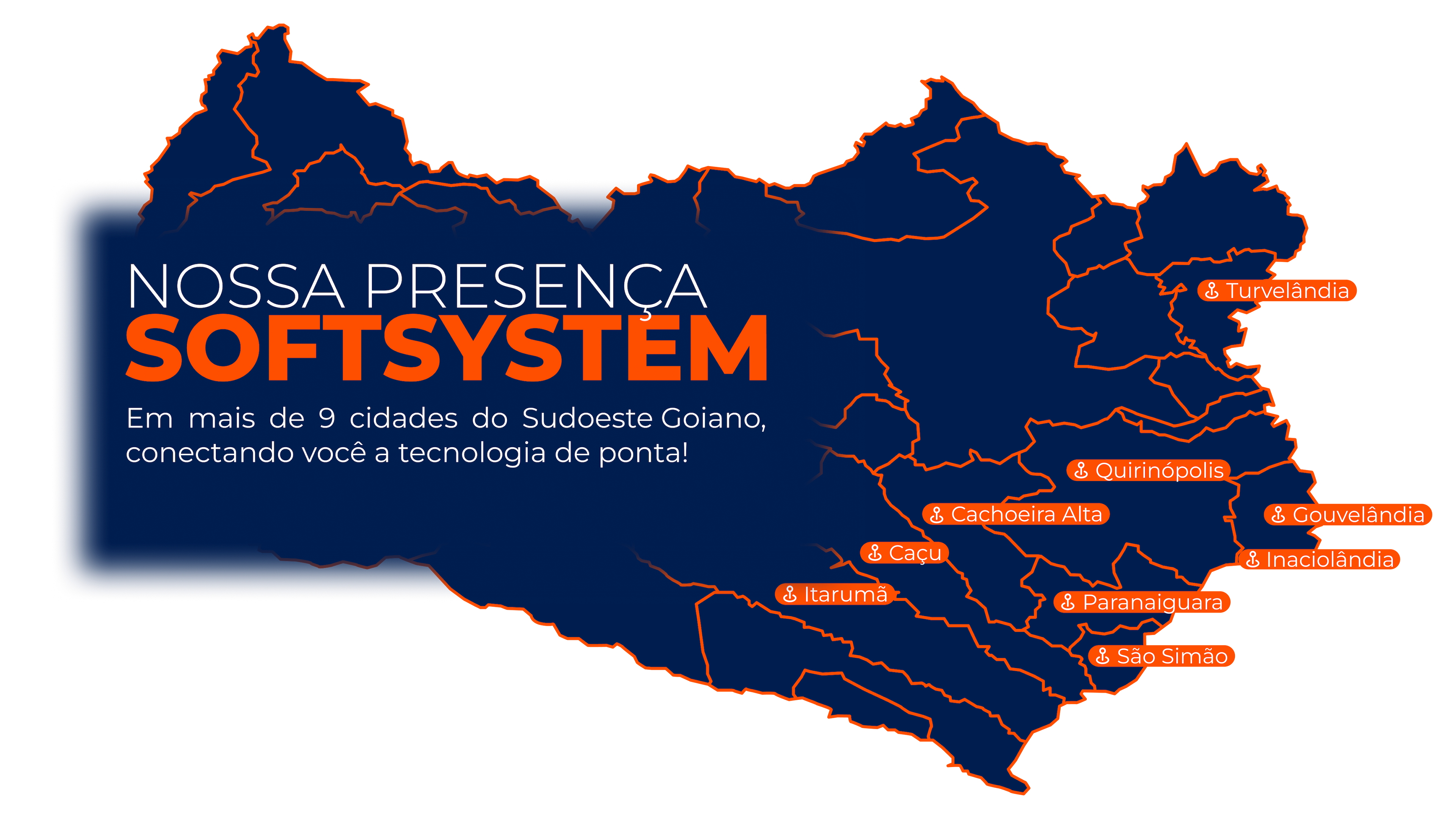 Mapa de cobertura SoftSystem Telecom - Presença em 9 cidades do Sudeste Goiano: Turvelândia, Quirinópolis, Gouvelândia, Inaciolândia, Caçu, Cachoeira Alta, Paranaiguara, São Simão, Itarumã